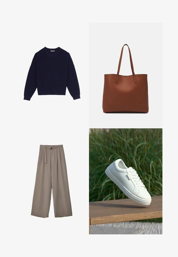 Pull en tricot bleu marine avec une texture côtelée, un col rond, des épaules tombantes et un ourlet court. Tissu doux avec des manches longues.; Pantalons évasés en tissu gris doux et muted, avec une taille ceinturée et des plis pour un détail de design supplémentaire. Texture lisse, sans motifs.; Baskets en cuir blanc avec des lacets flottant au-dessus d'un banc en bois, herbe verte haute floue en arrière-plan à l'extérieur.; Sac fourre-tout en cuir marron avec une texture lisse, design à ouverture supérieure et deux poignées pour le porter à l'épaule. Présente des coutures minimales et aucun matériel visible.