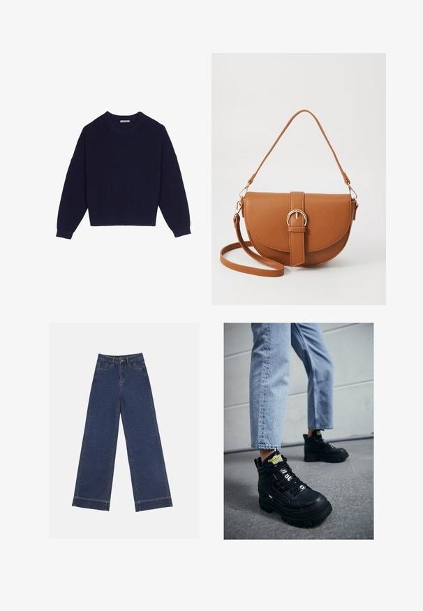 Tummansininen neulepaita, jossa on ribbikuvio, pyöreä kaula-aukko, pudotetut hartiat ja lyhennetty helma. Pehmeä kangas ja pitkät hihat.; Vyötäröltä leveät farkut tummansinisestä denimmateriaalista. Varustettu viidellä taskulla, vyölenkeillä ja näkyvillä sauman yksityiskohdilla. Raaka helma alareunassa.; Mustat korkeavartiset tennarit, joissa on paksu pohja, nauhakiinnitys, logotunnisteita ja keltaisia tarroja. Yhdistetty vaaleansinisiin lyhytlahkeisiin farkkuihin.; Ruskean nahkainen olkalaukku, jossa on kaareva muoto, kultaiset yksityiskohdat ja solkiyksityiskohta. Varustettu irrotettavalla olkahihnalla.