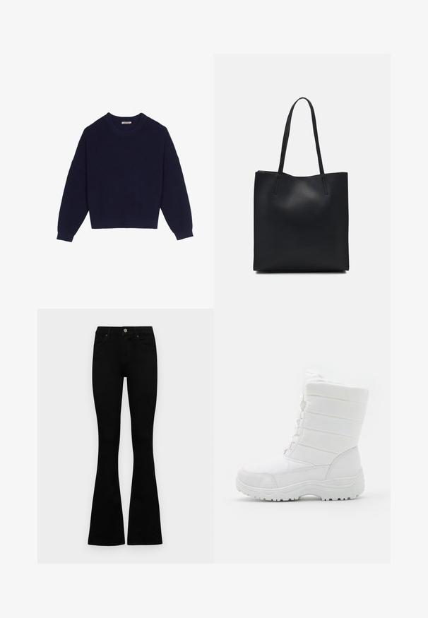 Marineblå strikket sweater med ribbestruktur, rund halsudskæring, nedsatte skuldre og cropped kant. Blødt materiale med lange ærmer.; Sorte højtaljede jeans med knap- og lynlåslukning, forlommer og flagrende ben, lagt fladt på en hvid baggrund.; Hvide vandtætte vinterstøvler med en polstret overdel, tekstureret design, justerbare snørebånd og en robust gummisål for godt fæste.; Sort læder tote taske med glat tekstur, rektangulær form og to lange hanke. Ingen synlig hardware eller udsmykninger.