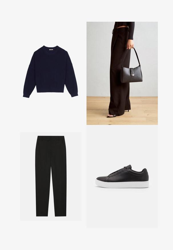Marineblauer Strickpullover mit geribbelter Textur, Rundhalsausschnitt, überschnittenen Schultern und cropped Saum. Weicher Stoff mit langen Ärmeln.; Schwarze Hosen mit taillierter Passform, ausgestattet mit seitlichen Taschen und geradem Bein. Hergestellt aus glattem, leichtem Stoff mit einem eleganten Finish.; Schwarze Leder-Sneaker mit glatter Oberfläche, niedrig geschnitten und mit einer dicken weißen Gummisohle. Dezente Stickdetails an der Seite.; Schwarze Handtasche mit strukturierter Form, glatter Textur und einem metallischen Verschluss. Kombiniert mit weiten schwarzen Hosen und offenen Sandalen auf einem Holzboden.