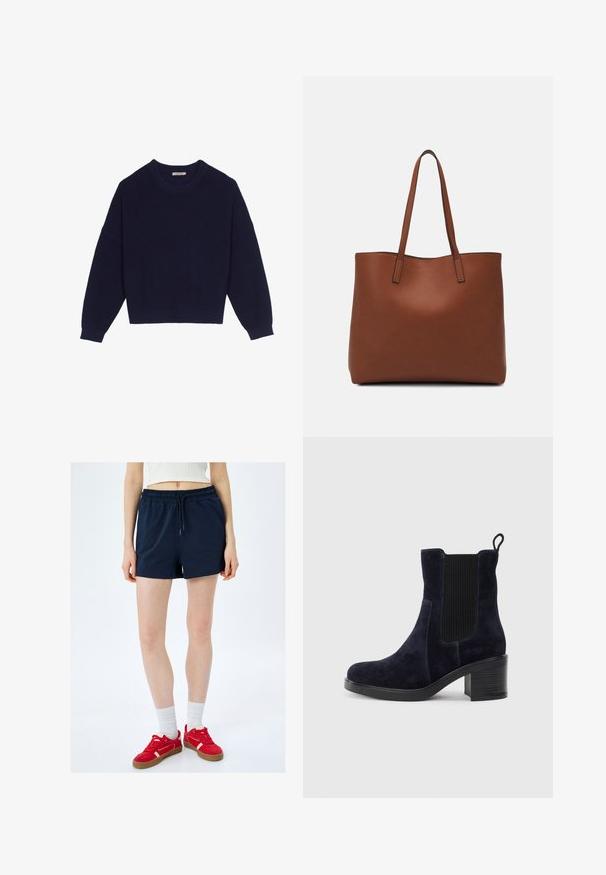 Navyblauwe gebreide trui met een ribbelstructuur, ronde hals, ingezette schouders en een cropped zoom. Zachte stof met lange mouwen.; Marineblauwe short met een elastische tailleband en trekkoord; gemaakt van zacht stof met een gladde textuur, met zijschoenen en een ontspannen pasvorm.; Marineblauwe suède enkellaars met elastische zijpaneel, ronde neus en blokhak. Gemêleerd weefsel en een gladde zool voegen contrast toe.; Bruine leren tote bag met een gladde textuur, een ontwerp met een open bovenkant en twee schouderbanden. Kenmerkt zich door minimale stiksels en geen zichtbare hardware.