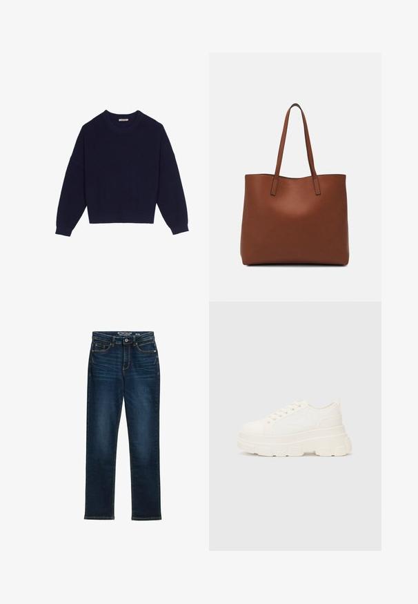 Maglione a maglia blu navy con texture a costine, scollatura rotonda, spalle cadenti e orlo corto. Tessuto morbido con maniche lunghe.; Jeans dritti blu scuro realizzati in denim, con cinque tasche, chiusura a bottone metallico e cuciture a contrasto. Nessun segno di usura visibile.; Sneaker bianca in tela con suola spessa, punta arrotondata e cinque occhielli per i lacci. Linguetta sul retro per una facile calzata. Texture liscia, design minimalista.; Borsa tote in pelle marrone con texture liscia, design con apertura superiore e due spallacci. Presenta cuciture minime e nessun hardware visibile.