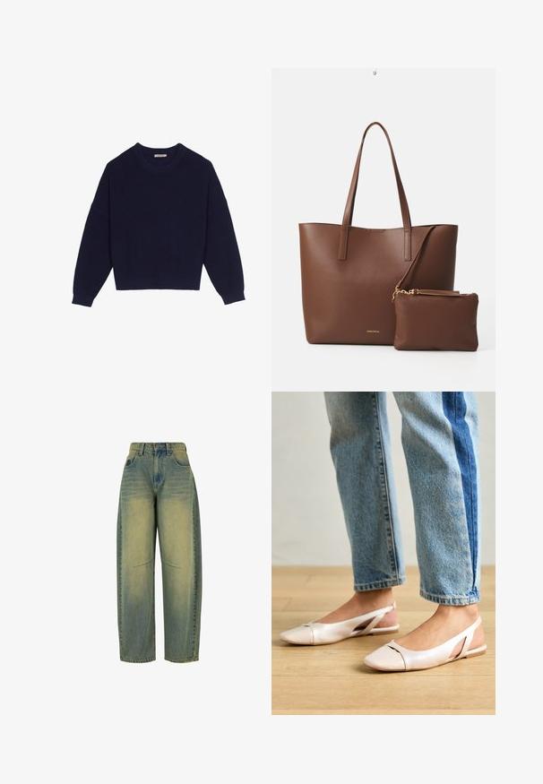 Tamsiai mėlynas megztinis su raštuota struktūra, apvalia iškirpte, nuleistais pečiais ir sutrumpintu apvadu. Minkšta medžiaga ir ilgos rankovės.; Šviesiai mėlyni plačių kojų džinsai su išblukusia tekstūra. Turi penkis kišenes ir aukštą liemenį. Tvarkingi kraštai ir subtilūs siuvinėjimo detalės.; Šviesiai rožiniai slingback baleto bateliai su smailiu pirštu, pagaminti iš lygios odai panašios medžiagos. Yra išpjovimų detalės šonuose ir plokščias kulnas.; Ruda dirbtinė odinė rankinė su dviem ilgamis rankenomis ir atitinkamu mažu krepšiu. Paviršius turi tekstūruotą raštą ir auksinius apdailos elementus.