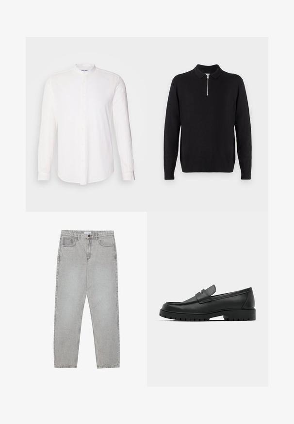 Fekete pulóver, cipzáras gallérral, hosszú ujjakkal, bordázott mandzsettával és aljjal, puha, sima anyagból készült.; Fehér, hosszú ujjú ing, álló gallérral, gombos elülső résszel, texturált anyagból készült, ívelt heméval, minimalista dizájnnal és puha felülettel.; Világosszürke farmernadrág egyenes szabással, öt zsebes stílusban, gombos záródással. Látható varrások az illesztéseknél.; Fekete bőr loafer cipők kerek orral, varrott mintázattal, alacsony platformtalpú és texturált, barázdált gumitalppal.