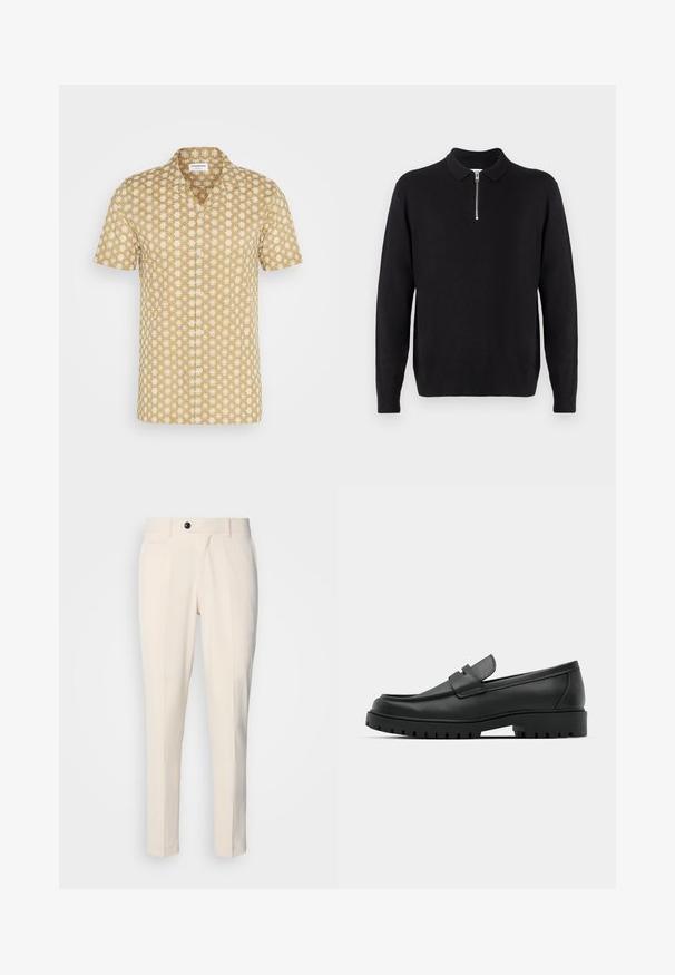 Svart pullover med dragkedja i kragen, långa ärmar, ribbade mudd och fåll, tillverkad av ett mjukt och slätt tyg.; Kortärmad skjorta i beige med blommönster i vitt. Tillverkad av lättviktig tyg, med klassisk krage och knäppning framtill.; Beiga skräddarsydda byxor med platt front, enkel knappstängning och två sneda sidofickor. Slätt tyg med smal passform och avsmalnande ben.; Svarta lädersneakers med rund tå, med en sydd design, låg plattformssula och en texturerad, mönstrad gummisula.