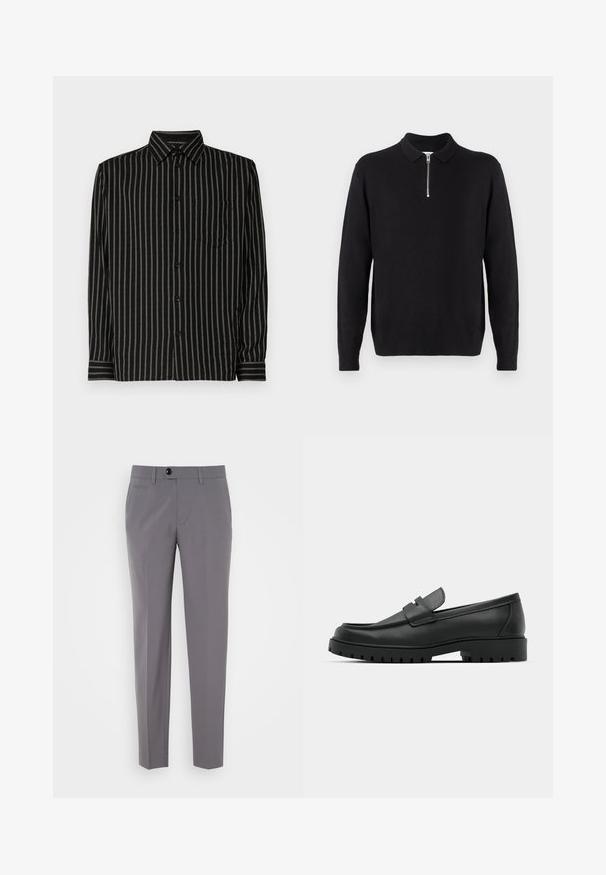 Zwarte pullover trui met een ritskraag, lange mouwen, ribgebreide manchetten en zoom, gemaakt van een zachte, gladde stof.; Zwarte shirt met verticale witte strepen, met kraag, lange mouwen, borstzak en knoopsluiting. De stof lijkt soepel en licht van gewicht.; Grijze op maat gemaakte broeken met een gladde textuur, rechte pijpen, sluiting met één knop en voorzakken. Geen zichtbare patronen of accenten.; Zwarte leren instappers met een ronde neus, voorzien van een gestikt ontwerp, een lage platformzool en een gestructureerde, grof rubberen buitenzool.