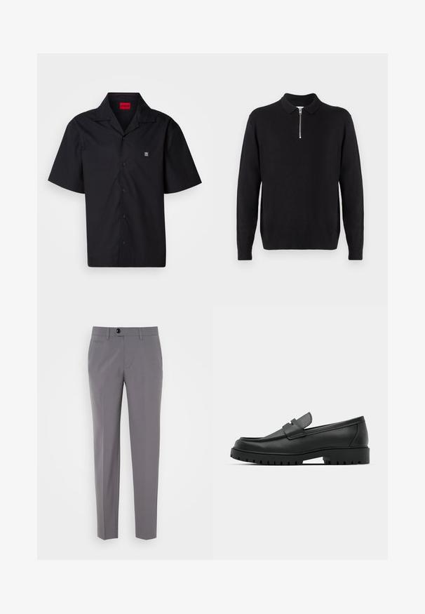 Crni pulover s patentnim zatvaračem na ovratniku, dugim rukavima, rebrastim rubovima i hemom, izrađen od mekog, glatkog materijala.; Crna majica kratkih rukava od pamuka. Ima oštri ovratnik, prednje kopčanje na gumbe i mali logo na lijevoj strani prsnog koša. Glatka tekstura.; Sive odijelo hlače s glatkom teksturom, ravnim krojem, zatvaranjem na jedan gumb i prednjim džepovima. Nema vidljivih uzoraka ili akcenata.; Crne kožne mokasine s zaobljenim vrhom, s ušivenim dizajnom, niskom platformom i teksturiranim, gumenim potplatom s izbočinama.