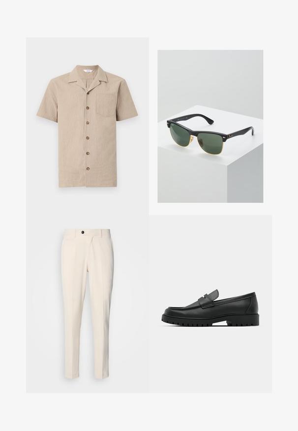 Musta neulepusero, jossa on vetoketjulla suljettava kaulus, pitkät hihat, ribbireunukset ja helma, valmistettu pehmeästä ja sileästä kankaasta.; Valkoinen lyhythihainen paita tekstuurikankaasta, jossa on kaulus, rintatasku ja ruskeat napit edessä.; Vaaleat tailored-housut, joissa on tasainen etuosa, yksittäinen nappilukko ja kaksi vinonurkkaista sivutaskua. Liukas kangas, slim fit -malleilla ja kapenevilla lahkeilla.; Musta nahkaloafers, joissa on pyöreä kärki, ommeltu pinta, matala alusta ja kuvioitu, kuminen ulkopohja.; Ray-Ban aurinkolasit, joissa on vihreät linssit, mustat muovikehykset ja kultaiset yksityiskohdat reunoilla. Neliön muoto, jossa on mattapinta.