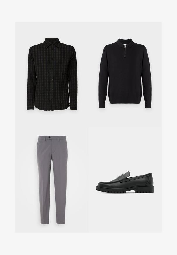 Must mustriga mustri, millel on lukuga kaelus, pikad varrukad, soonikkoesed ja ääred, valmistatud pehmest ja sujuvast kangast.; Must mustaheline särk tumedate tooni tekstuurse ruudulise mustriga, millel on nööbiga eesmine osa, krae ja mansetid sobivate triipudega.; Halljad kohandatud püksid, millel on sujuv tekstuur, sirge jala disain, ühe nööbi sulgemine ja eesmine taskud. Ei mingeid nähtavaid mustreid ega aktsente.; Mustad musta nahast loafers, millel on ümar varvas, tikandiga disain, madal platvorm-soon ja tekstureeritud, soonikkummist välistald.