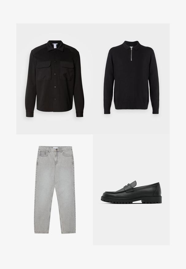 Fekete pulóver, cipzáras gallérral, hosszú ujjakkal, bordázott mandzsettával és aljjal, puha, sima anyagból készült.; Fekete ingkabát, sima, könnyű anyagból készült. Két mellzsebe van, gombos záródással és hegyes gallérral rendelkezik. Hosszú ujjak, mandzsettával.; Világosszürke farmernadrág egyenes szabással, öt zsebes stílusban, gombos záródással. Látható varrások az illesztéseknél.; Fekete bőr loafer cipők kerek orral, varrott mintázattal, alacsony platformtalpú és texturált, barázdált gumitalppal.