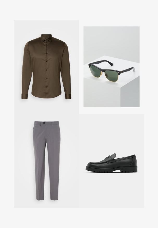 Svart genser med glidelås i kragen, lange ermer, ribbestrikkede mansjetter og kant, laget av et mykt, glatt stoff.; Lindbergh PLAIN - Skjorte - dark brown; Grå skreddersydde bukser med en glatt tekstur, rett ben-design, enkelt knappelukking og frontlommer. Ingen synlige mønstre eller detaljer.; Sorte lærloafere med rund tå, med en syddesign, lav plattformsåle og en teksturert, ruggede gummisåle.; Ray-Ban solbriller med grønne linser, svarte plastikkrammer og gullkanter. Firkantet form med matt finish.