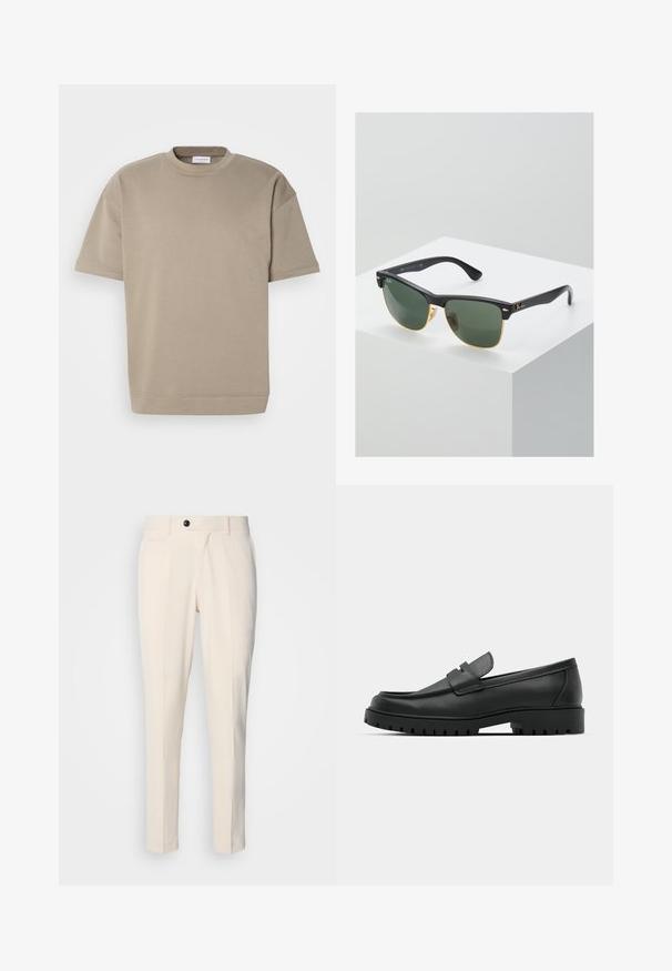 Černý svetr s límcem na zip, dlouhými rukávy, žebrovanými manžetami a lemem, vyrobený z měkké a hladké tkaniny.; Khaki oversize tričko vyrobené z měkkého materiálu, s kulatým výstřihem, krátkými rukávy a rovním lemem s minimálními švy.; Béžové kalhoty na míru s plochým předním dílem, jedním knoflíkovým zapínáním a dvěma šikmými bočními kapsami. Hladká látka, úzký střih a zúžené nohy.; Černé kožené mokasíny s kulatou špičkou, zdobené prošitím, s nízkou platformou a texturovanou gumovou podrážkou s drážkováním.; Sluneční brýle Ray-Ban se zelenými skly, černými plastovými rámy a zlatými akcenty na okrajích. Čtvercový tvar s matným povrchem.