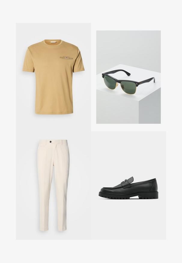 Melnā džemperis ar rāvējslēdzēja apkakli, garām piedurknēm, ribotas aproces un apakšmalu, izgatavots no mīksta, gluda auduma.; Gai beigā kokvilnas T-kreklā ar apaļu kakla izgriezumu, īsām piedurknēm un izdrukātu logo "GANT 1949" tumši zilā krāsā uz krūškurvja.; Beige pielētas bikses ar plakanu priekšpusi, vienu pogu aizdari un diviem slīpiem sānu kabatām. Gluda auduma ar šauru piegriezumu un sašaurinātu kāju.; Melnas ādas loafers ar noapaļotu purngalu, ar izšūtu dizainu, zemu platformas zoli un teksturētu, rievotu gumijas ārējo zoli.; Ray-Ban saulesbrilles ar zaļiem stikliem, melniem plastmasas rāmiem un zelta akcentiem malās. Kvadrāta forma ar matētu apdari.