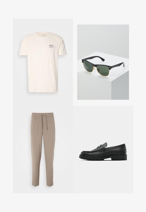 Juodas megztinis su užtrauktuku ant apykaklės, ilgomis rankovėmis, guminiu apkaustu ir apačia, pagamintas iš švelnios, lygios medžiagos.; Grietos spalvos medvilninis marškinėliai su apvalia kaklo iškirpte, trumpomis rankovėmis ir maža tamsiai mėlyna spauda ant krūtinės, skaitanti "GANT 32 EAST 39TH ST. NEW YORK."; Šviesiai beigės kelnės su elastiniu juosmeniu, reguliuojama raišteliu ir siaurėjantys kojomis. Audinys atrodo lygus su švelniu blizgesiu.; Juodi odiniai loaferiai su apvalia nosimi, su siuvinėtu dizainu, žemu platformos padu ir tekstūruotu, sukibimo raštu padu.; Ray-Ban saulės akinių žaliais objektyvais, juodais plastikiniais rėmeliais ir auksinėmis detalėmis ant kraštų. Kvadratinė forma su matinio paviršiaus apdaila.
