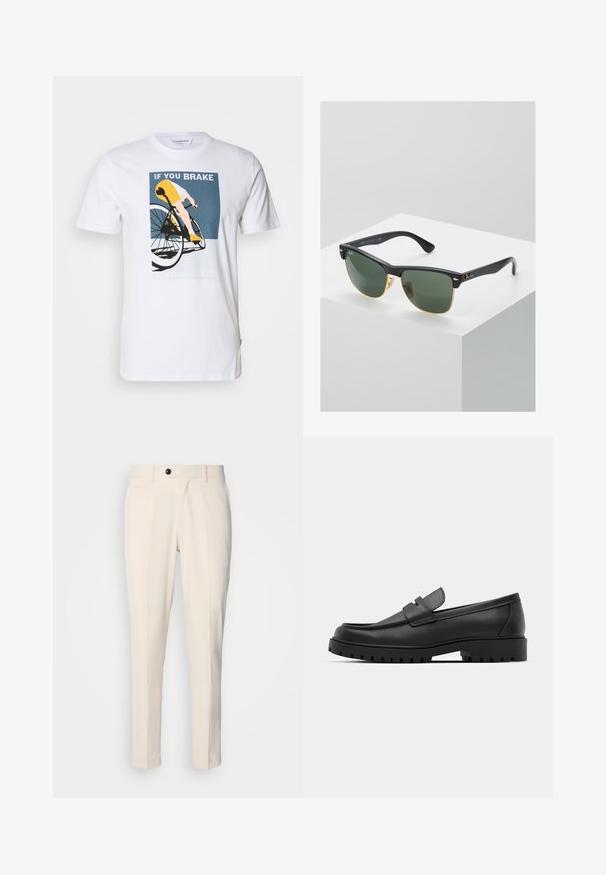 Must mustriga mustri, millel on lukuga kaelus, pikad varrukad, soonikkoesed ja ääred, valmistatud pehmest ja sujuvast kangast.; Valge puuvillane T-särk, millel on jalgratta graafika. Kujunduses on kollases ja sinises värvitoonis rattur ning tekst: "KUI SA PIDURDAT, SA EI VÕIDA."; Beežid kohandatud püksid, millel on lame ees, ühe nööbiga sulgemine ja kaks nurga all asetsevat küljetaskut. Sile kangas, slim fit ja kitsenevad jalad.; Mustad musta nahast loafers, millel on ümar varvas, tikandiga disain, madal platvorm-soon ja tekstureeritud, soonikkummist välistald.; Ray-Ban'i prillid roheliste objektiividega, mustade plastikraamide ja kuldsete aktsentidega servadel. Ruudukujuline kuju mati viimistlusega.