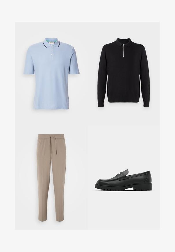 Maglione nero a pullover con colletto con zip, maniche lunghe, polsini e orlo a coste, realizzato in un tessuto morbido e liscio.; Polo shirt azzurro chiaro realizzato in tessuto a coste, con un placket a due bottoni, maniche corte e rifinitura blu navy sul colletto.; Pantaloni beige chiaro con cintura elastica, cordoncino regolabile e gamba affusolata. Il tessuto appare liscio con una lieve lucentezza.; Mocassini in pelle nera con punta rotonda, caratterizzati da un design cucito, suola piatta bassa e un battistrada in gomma testurizzata e scolpita.