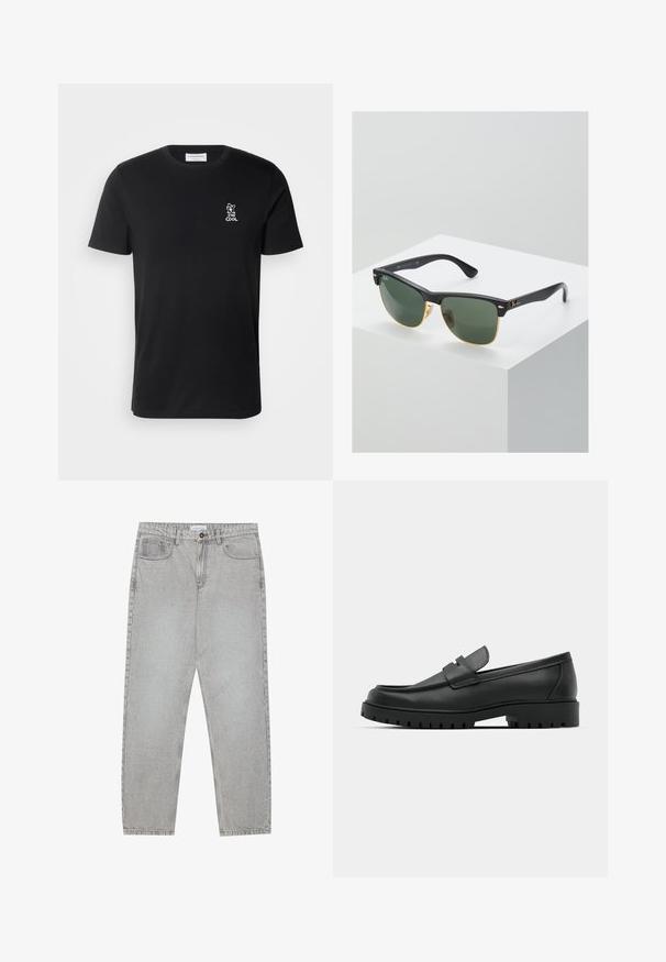 Juodas megztinis su užtrauktuku ant apykaklės, ilgomis rankovėmis, guminiu apkaustu ir apačia, pagamintas iš švelnios, lygios medžiagos.; Lindbergh EMBROIDERY TEE SS - Marškinėliai su spaudiniu - space black; Šviesiai pilki džinsai su tiesiu kirpimu, penkiais kišenėmis ir mygtuko uždarymu. Matoma siuvimo linija palei siūles.; Juodi odiniai loaferiai su apvalia nosimi, su siuvinėtu dizainu, žemu platformos padu ir tekstūruotu, sukibimo raštu padu.; Ray-Ban saulės akinių žaliais objektyvais, juodais plastikiniais rėmeliais ir auksinėmis detalėmis ant kraštų. Kvadratinė forma su matinio paviršiaus apdaila.