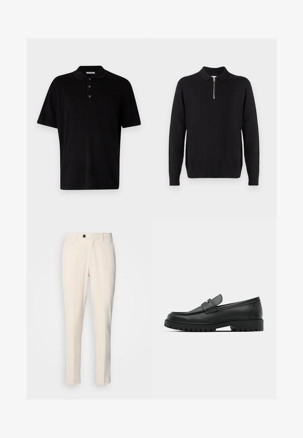 Svart pullover med dragkedja i kragen, långa ärmar, ribbade mudd och fåll, tillverkad av ett mjukt och slätt tyg.; Svart polo skjorta av mjuk tyg, med klassisk krage, tre-knapps knappslå och korta ärmar, designad med en regular fit.; Beiga skräddarsydda byxor med platt front, enkel knappstängning och två sneda sidofickor. Slätt tyg med smal passform och avsmalnande ben.; Svarta lädersneakers med rund tå, med en sydd design, låg plattformssula och en texturerad, mönstrad gummisula.