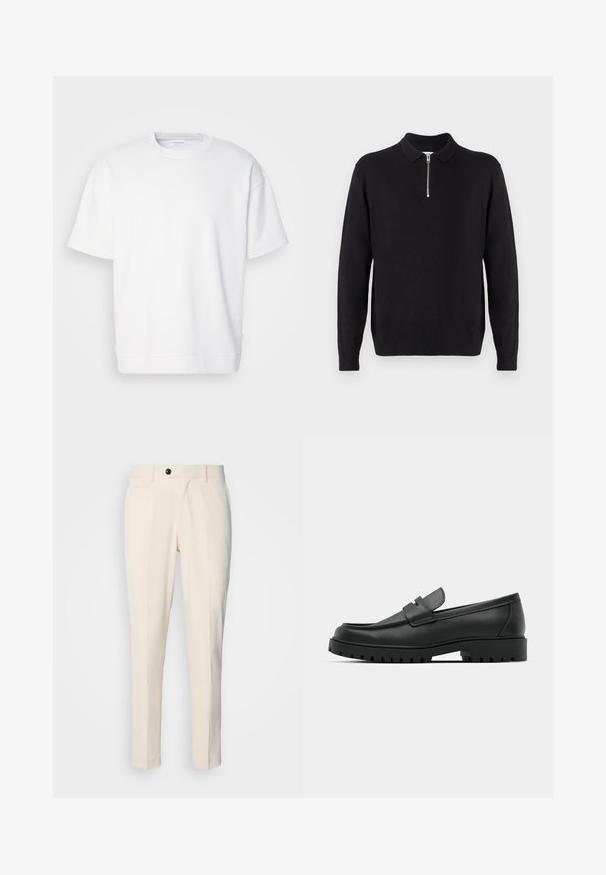 Černý svetr s límcem na zip, dlouhými rukávy, žebrovanými manžetami a lemem, vyrobený z měkké a hladké tkaniny.; Bílé tričko s krátkým rukávem vyrobené z měkké látky. Má kulatý výstřih a rovný střih, s minimálním šitím a bez vzorů.; Béžové kalhoty na míru s plochým předním dílem, jedním knoflíkovým zapínáním a dvěma šikmými bočními kapsami. Hladká látka, úzký střih a zúžené nohy.; Černé kožené mokasíny s kulatou špičkou, zdobené prošitím, s nízkou platformou a texturovanou gumovou podrážkou s drážkováním.