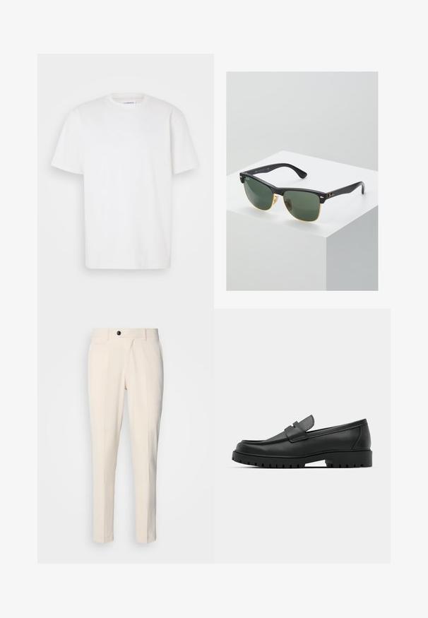 Črn pulover s kapuco in zadrgo, dolgimi rokavi, rebrastimi manšeti in robom, izdelan iz mehke, gladke tkanine.; Bela kratka majica iz bombaža z okroglim izrezom in preprostim, ravnim krojem brez vzorcev ali naglasov.; Beige hlače z ravnim sprednjim delom, zapiranjem na en gumb in dvema poševnima stranskima žepoma. Gladek material s ozkim krojem in zoženim nogavico.; Črne usnjene loafers čevlje z zaobljenim nosom, ki imajo šivano zasnovo, nizko platformo in teksturiran, profiliran gumijast podplat.; Sončne naočale Ray-Ban z zelenimi lečami, črnimi plastičnimi okvirji in zlatimi poudarki na robovih. Kvadratna oblika z mat površino.
