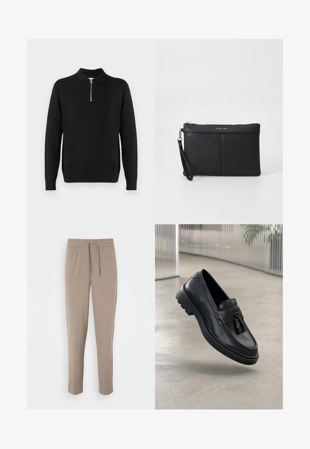 Pull noir à col zippé, à manches longues, avec des poignets et un ourlet côtelés, fabriqué dans un tissu doux et lisse.; Pantalons beige clair avec une taille élastique, cordon de serrage ajustable et jambes fuselées. Le tissu semble lisse avec un léger éclat.; Mocassins en cuir noir à finition lisse, avec pompon décoratif, semelle en caoutchouc épaisse et détails cousus. Design léger et élégant.; Pochette synthétique noire avec fermeture éclair, anse pour le poignet et texture lisse. Présente des coutures discrètes et un logo embossé sur le devant.