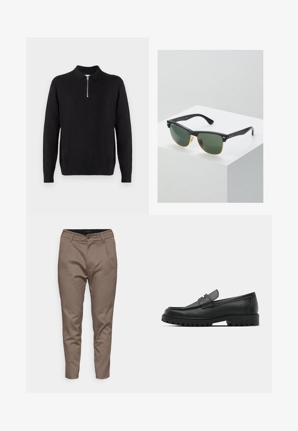 Černý svetr s límcem na zip, dlouhými rukávy, žebrovanými manžetami a lemem, vyrobený z měkké a hladké tkaniny.; Hnědé šité kalhoty s hladkou texturou, se zapínáním na knoflík vpředu, poutky na opasek a dvěma bočními kapsami.; Černé kožené mokasíny s kulatou špičkou, zdobené prošitím, s nízkou platformou a texturovanou gumovou podrážkou s drážkováním.; Sluneční brýle Ray-Ban se zelenými skly, černými plastovými rámy a zlatými akcenty na okrajích. Čtvercový tvar s matným povrchem.