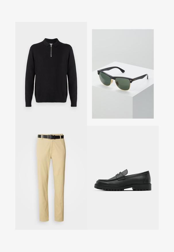 Black pullover sweater with a zippered collar, long sleeves, ribbed cuffs and hem, made of a soft, smooth fabric.; Beige cotton trousers with a straight-leg design, secured by a black leather belt featuring a silver buckle.; Black leather loafers with a rounded toe, featuring a stitched design, low platform sole, and a textured, lugged rubber outsole.; Ray-Ban sunglasses with green lenses, black plastic frames, and gold accents at the edges. Square shape with a matte finish.