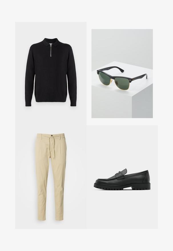 Sort sweater med lynlås krave, lange ærmer, ribstrikkede manchetter og kant, lavet af et blødt, glat stof.; Beige, slim-fit bukser lavet af en bomuldsblanding. Elastisk talje med snøre, to frontfold og lige ben.; Sorte læder loafers med rund tå, der har et syet design, lav platformssål og en struktureret, skridsikker gummisål.; Ray-Ban solbriller med grønne linser, sorte plastikstel og gyldne detaljer ved kanterne. Firkantet form med mat finish.
