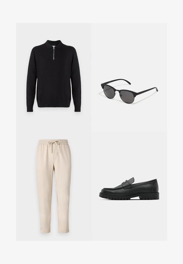 Črn pulover s kapuco in zadrgo, dolgimi rokavi, rebrastimi manšeti in robom, izdelan iz mehke, gladke tkanine.; Bež trenirka s elastiko v pasu in vrvico, z bočnimi žepi in zoženimi gležnji. Gladka tekstura, sproščen oblikovanje.; Črne usnjene loafers čevlje z zaobljenim nosom, ki imajo šivano zasnovo, nizko platformo in teksturiran, profiliran gumijast podplat.; Črne sončna očala z okroglimi lečami, mat površino in značilno obliko mačjih oči. Tanke nogice z diskretnim logotipom na levem templju.