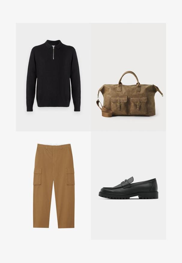Pulover negru cu guler cu fermoar, mâneci lungi, manșete și tiv striate, realizat dintr-un material moale și neted.; Pantaloni cargo maro cu două buzunare laterale, față plată și croială dreaptă. Fabricati dintr-un material durabil, cu o textură netedă.; Mocasini din piele neagră cu vârful rotunjit, având un design cusut, talpă joasă și o talpă din cauciuc texturat, cu crampoane.; Geantă de voiaj din piele maro, cu două buzunare frontale, curea de umăr ajustabilă, accesorii aurii și mânere superioare rezistente. Textură netedă.