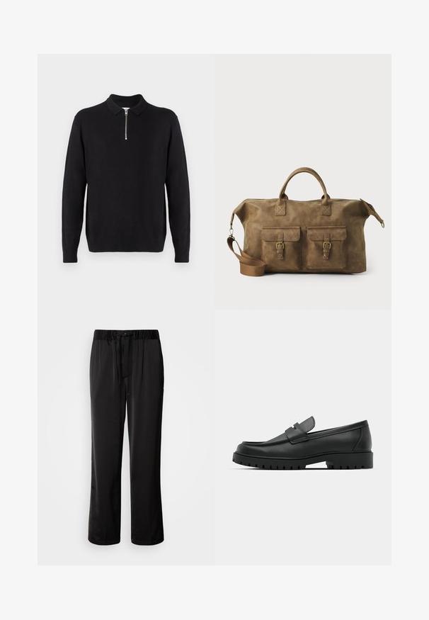 Crni pulover s patentnim zatvaračem na ovratniku, dugim rukavima, rebrastim rubovima i hemom, izrađen od mekog, glatkog materijala.; Crne, široke hlače s elastičnim pojasom i podesivom vezicom. Glatka tkanina s bočnim šavovima, bez džepova.; Crne kožne mokasine s zaobljenim vrhom, s ušivenim dizajnom, niskom platformom i teksturiranim, gumenim potplatom s izbočinama.; Smeđi kožni putni kovčeg s dva prednja džepa, podesivim remenom za rame, zlatnim detaljima i čvrstim gornjim ručkama. Glatka tekstura.