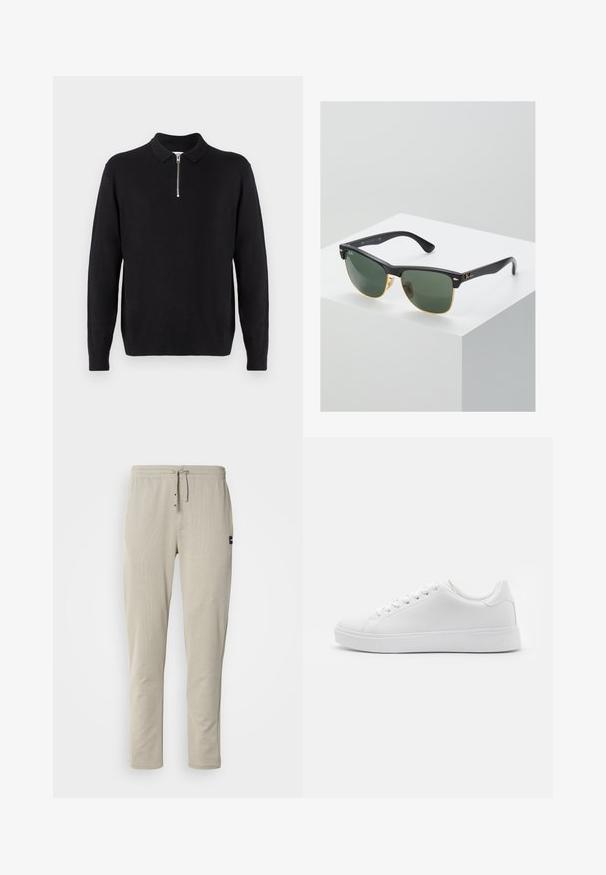 Black pullover sweater with a zippered collar, long sleeves, ribbed cuffs and hem, made of a soft, smooth fabric.; Beige jogger pants made of soft fabric, featuring an elastic waistband, drawstring, and two front pockets. Minimalist design with side stitching.; White sneakers with a smooth synthetic upper, round toe, six eyelets for laces, and a low-profile rubber sole with textured detailing.; Ray-Ban sunglasses with green lenses, black plastic frames, and gold accents at the edges. Square shape with a matte finish.