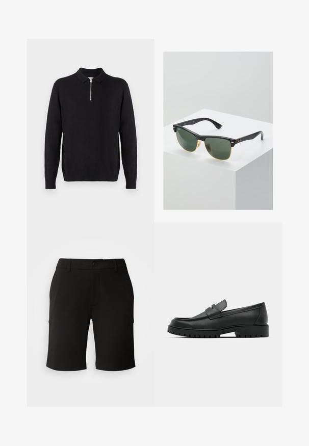 Pull noir à col zippé, à manches longues, avec des poignets et un ourlet côtelés, fabriqué dans un tissu doux et lisse.; Shorts noirs en tissu doux avec un design ajusté, dotés d'une fermeture à bouton à l'avant et de deux poches latérales. L'ourlet est légèrement retourné.; Mocassins en cuir noir à bout arrondi, avec un design cousu, une semelle plateforme basse et une semelle en caoutchouc texturée et crantée.; Lunettes de soleil Ray-Ban avec des verres verts, monture en plastique noir et accents dorés sur les bords. Forme carrée avec une finition mate.