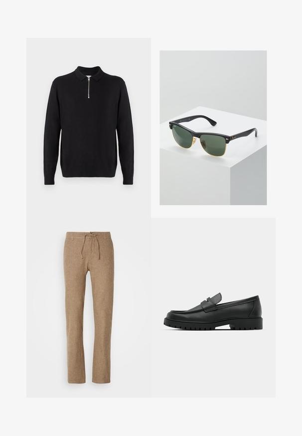Svart genser med glidelås i kragen, lange ermer, ribbestrikkede mansjetter og kant, laget av et mykt, glatt stoff.; Linnebukser i lys brun, med snor i livet, rett ben og teksturert stoff. Ingen lommer eller ytterligere detaljer.; Sorte lærloafere med rund tå, med en syddesign, lav plattformsåle og en teksturert, ruggede gummisåle.; Ray-Ban solbriller med grønne linser, svarte plastikkrammer og gullkanter. Firkantet form med matt finish.