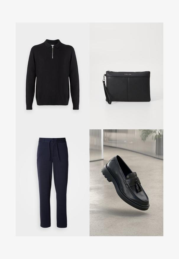 Black pullover sweater with a zippered collar, long sleeves, ribbed cuffs and hem, made of a soft, smooth fabric.; Navy blue joggers made of soft fabric, featuring an elastic waistband with a drawstring, tapered leg shape, and no visible patterns or pockets.; Black leather loafers with a smooth finish, decorative tassel, thick rubber sole, and stitched accents. Lightweight and sleek design.; Black synthetic clutch with a zip closure, wrist strap, and a smooth texture. Features subtle stitching and a logo embossed on the front.