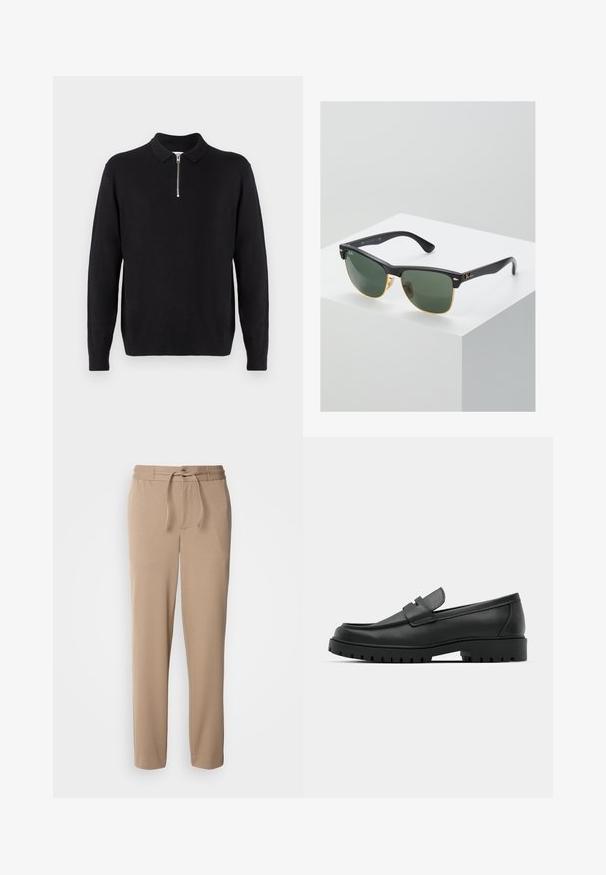 Melnā džemperis ar rāvējslēdzēja apkakli, garām piedurknēm, ribotas aproces un apakšmalu, izgatavots no mīksta, gluda auduma.; Beige sporta bikses, kas izgatavotas no mīksta kokvilnas, ar elastīgu jostu, auklu, šauru piegriezumu un taisnām kājām, bez rakstiem.; Melnas ādas loafers ar noapaļotu purngalu, ar izšūtu dizainu, zemu platformas zoli un teksturētu, rievotu gumijas ārējo zoli.; Ray-Ban saulesbrilles ar zaļiem stikliem, melniem plastmasas rāmiem un zelta akcentiem malās. Kvadrāta forma ar matētu apdari.