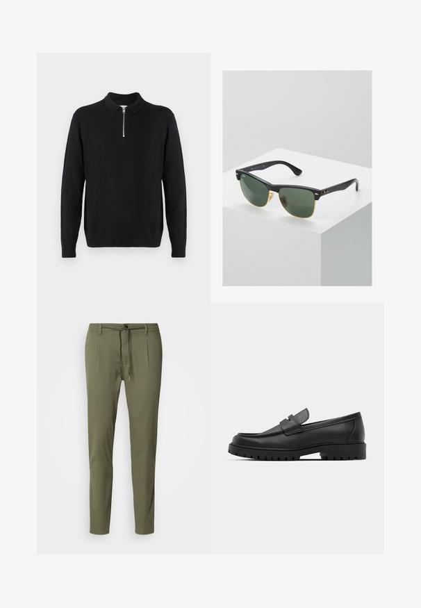 Černý svetr s límcem na zip, dlouhými rukávy, žebrovanými manžetami a lemem, vyrobený z měkké a hladké tkaniny.; Olivově zelené kalhoty vyrobené z lehkého materiálu, s páskem na šňůrku, dvěma předními záhyby a zúženým střihem. Hladká textura.; Černé kožené mokasíny s kulatou špičkou, zdobené prošitím, s nízkou platformou a texturovanou gumovou podrážkou s drážkováním.; Sluneční brýle Ray-Ban se zelenými skly, černými plastovými rámy a zlatými akcenty na okrajích. Čtvercový tvar s matným povrchem.