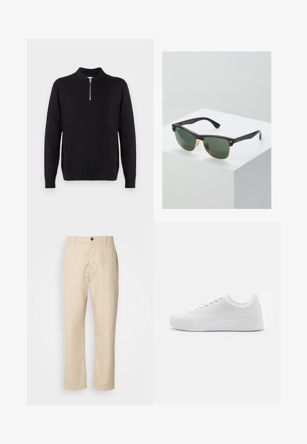 Svart pullover med dragkedja i kragen, långa ärmar, ribbade mudd och fåll, tillverkad av ett mjukt och slätt tyg.; Beiga bomullsbyxor med raka ben, framknäppning, sidofickor och en slät yta. Minimalistisk design, inga synliga mönster.; Vita sneakers med en slät syntetisk ovandel, rund tå, sex hål för snörning och en låg gummisula med texturerad detaljer.; Ray-Ban-solglasögon med gröna linser, svarta plastbågar och gyllene detaljer vid kanterna. Fyrkantig form med en matt yta.
