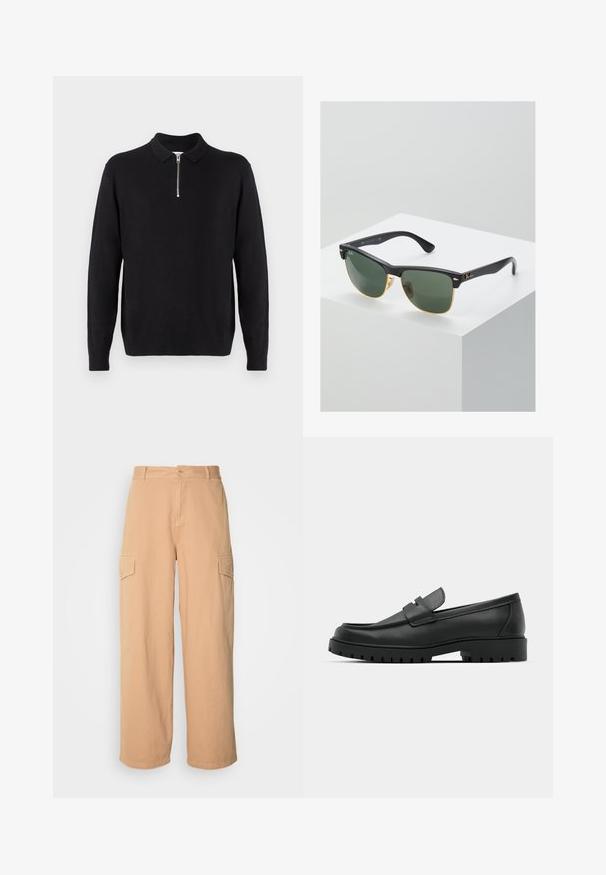 Black pullover sweater with a zippered collar, long sleeves, ribbed cuffs and hem, made of a soft, smooth fabric.; Beige wide-leg cargo pants made from lightweight fabric, featuring two side pockets and a button closure at the waist. Soft texture.; Black leather loafers with a rounded toe, featuring a stitched design, low platform sole, and a textured, lugged rubber outsole.; Ray-Ban sunglasses with green lenses, black plastic frames, and gold accents at the edges. Square shape with a matte finish.
