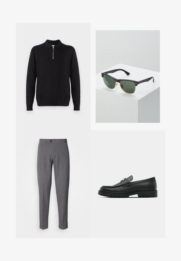 Black pullover sweater with a zippered collar, long sleeves, ribbed cuffs and hem, made of a soft, smooth fabric.; Gray tailored trousers with a smooth texture, featuring a single button closure, front pockets, and a slim fit design.; Black leather loafers with a rounded toe, featuring a stitched design, low platform sole, and a textured, lugged rubber outsole.; Ray-Ban sunglasses with green lenses, black plastic frames, and gold accents at the edges. Square shape with a matte finish.