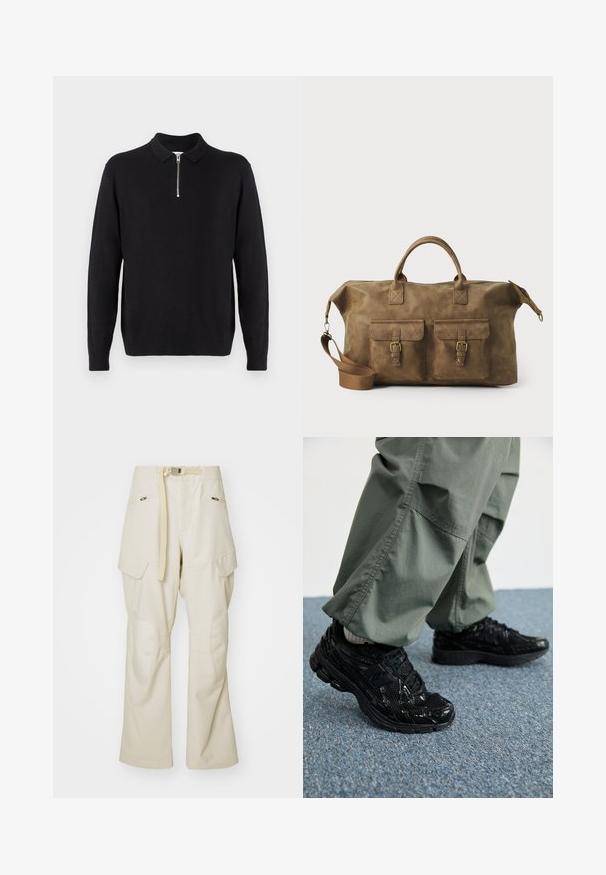 Sort sweater med lynlås krave, lange ærmer, ribstrikkede manchetter og kant, lavet af et blødt, glat stof.; Beige cargo bukser med bred benvidde, bælte i taljen, to sidelommer og knælapper. Glat tekstur med forstærkede sømdetaljer.; Sorte atletiske sneakers med blanke og mesh teksturer, der har en tyk sål og snørebånd, parret med løse olivengrønne cargo bukser.; Brun læder duffel taske med to forlommer, justerbar skulderrem, guldfarvet hardware og robuste top håndtag. Glat tekstur.