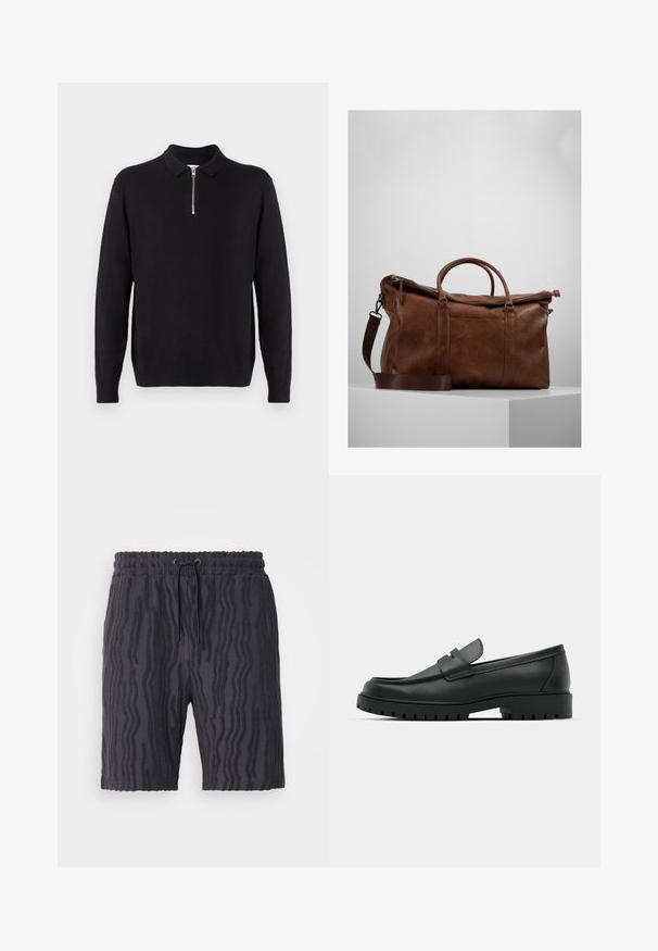 Maglione nero a pullover con colletto con zip, maniche lunghe, polsini e orlo a coste, realizzato in un tessuto morbido e liscio.; Pantaloni corti neri con un motivo a onde testurizzato, cintura elastica e cordino regolabile, realizzati in un tessuto morbido e leggero.; Mocassini in pelle nera con punta rotonda, caratterizzati da un design cucito, suola piatta bassa e un battistrada in gomma testurizzata e scolpita.; Borsa da viaggio in pelle marrone con chiusura a zip, doppie maniglie, tracolla regolabile e motivi di texture visibili sulla superficie.