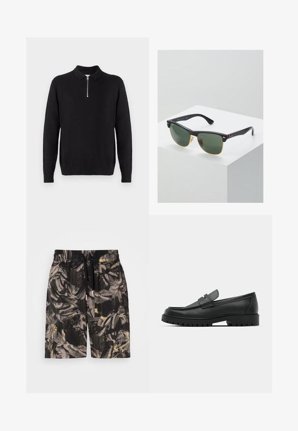 Pull noir à col zippé, à manches longues, avec des poignets et un ourlet côtelés, fabriqué dans un tissu doux et lisse.; Shorts noirs avec un motif abstrait de feuilles audacieux dans des tons de gris et de jaune. Comprend une taille élastique et un cordon de serrage pour un ajustement réglable.; Mocassins en cuir noir à bout arrondi, avec un design cousu, une semelle plateforme basse et une semelle en caoutchouc texturée et crantée.; Lunettes de soleil Ray-Ban avec des verres verts, monture en plastique noir et accents dorés sur les bords. Forme carrée avec une finition mate.