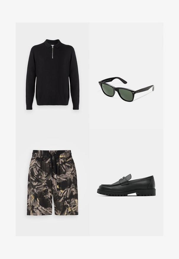 Fekete pulóver, cipzáras gallérral, hosszú ujjakkal, bordázott mandzsettával és aljjal, puha, sima anyagból készült.; Fekete rövidnadrág merész, absztrakt levelekkel díszítve, szürke és sárga árnyalatokban. Rugalmas derékrésszel és állítható zsinórral rendelkezik a kényelmes illeszkedés érdekében.; Fekete bőr loafer cipők kerek orral, varrott mintázattal, alacsony platformtalpú és texturált, barázdált gumitalppal.; Fekete műanyag napszemüveg zöld lencsékkel, négyzet alakú kerettel, ezüst díszítéssel a keret felső részén, valamint texturált szárakkal. A márka neve a belső száron található.