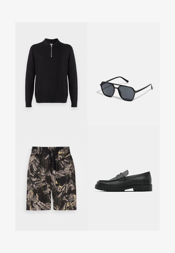 Juodas megztinis su užtrauktuku ant apykaklės, ilgomis rankovėmis, guminiu apkaustu ir apačia, pagamintas iš švelnios, lygios medžiagos.; Juodi šortai su ryškiu, abstrakčiu lapų raštu pilkos ir geltonos spalvų atspalviuose. Yra elastinė juosmens juosta ir raištelis, leidžiantis reguliuoti dydį.; Juodi odiniai loaferiai su apvalia nosimi, su siuvinėtu dizainu, žemu platformos padu ir tekstūruotu, sukibimo raštu padu.; Juodos akiniai nuo saulės su aštuonkampiu rėmeliu, tamsiais objektyvais, blizgiu paviršiumi, plonomis šakutėmis ir auksinėmis akcentais priekyje.