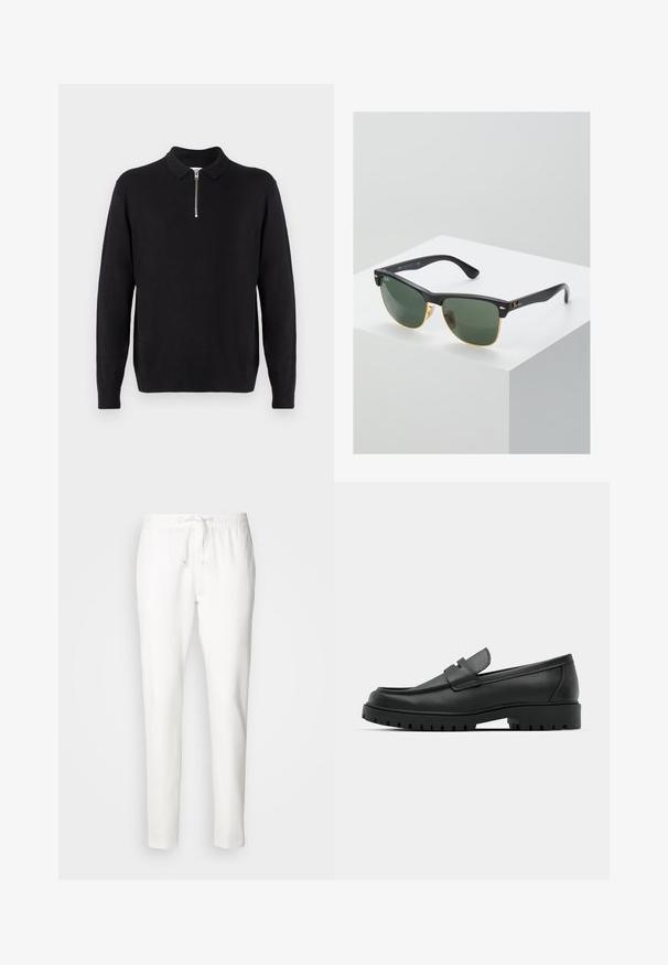 Schwarzer Pullover mit einem Reißverschlusskragen, langen Ärmeln, gerippten Bündchen und Saum, aus einem weichen, glatten Stoff hergestellt.; INDICODE JEANS Stoffhose - offwhite; Schwarze Lederloafer mit runder Zehenform, ausgestattet mit einem gesteppten Design, niedrigem Plattformsohle und einer strukturierten, genoppten Gummisohle.; Ray-Ban Sonnenbrillen mit grünen Gläsern, schwarzen Kunststoffrahmen und goldenen Akzenten an den Rändern. Quadratische Form mit matter Oberfläche.