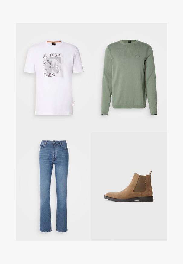 Sweater de malha verde-claro com mangas longas, gola redonda, detalhes canelados e logótipo preto "BOSS" no peito. Textura suave.; T-shirt de algodão branco com um gráfico de um urso polar rugindo dentro de um quadro retangular, realçado por padrões abstratos em preto e cinza.; Jeans de ganga azuis com cintura alta, design de perna reta e um desbotado subtil. Apresenta o clássico estilo de cinco bolsos e um fecho com fecho éclair.; Bota Chelsea castanha em camurça, com painéis laterais elásticos e uma alça. Apresenta um bico arredondado e uma sola de borracha plana para maior estabilidade.