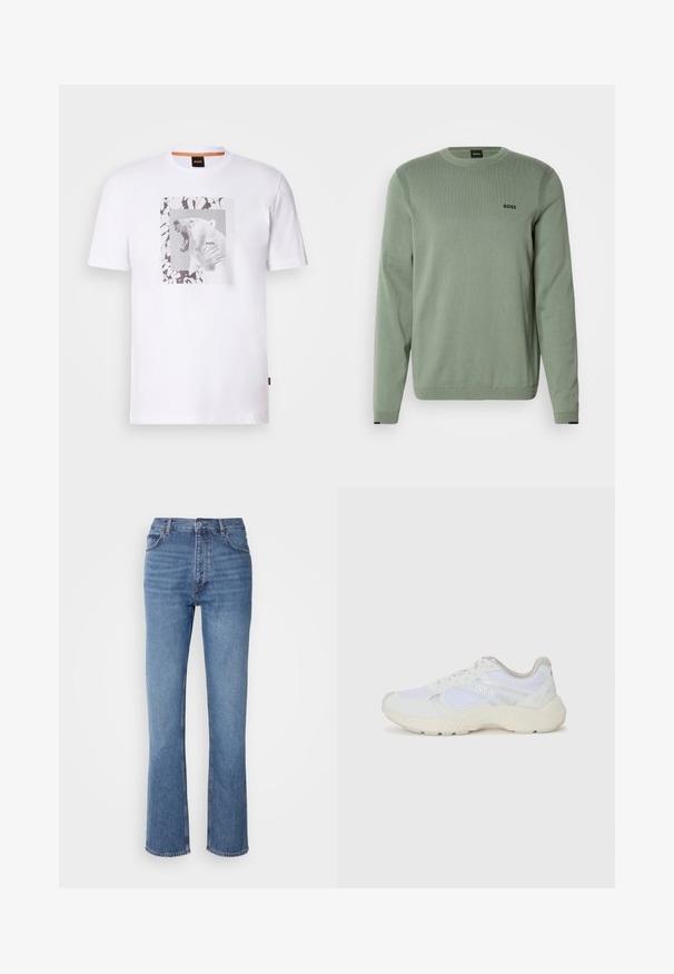 Lys grønn strikkegenser med lange ermer, rund hals, ribbestrikkede detaljer og svart "BOSS"-logo på brystet. Glatt tekstur.; Hvit bomulls t-skjorte med et grafisk motiv av en brølende isbjørn innenfor en rektangulær ramme, accentuert av abstrakte svart og grå mønstre.; Blå denimjeans med høy midje, rett ben-design og subtil falming. Har klassisk fem-lomme stil og glidelås lukking.; Hvit idrettssko laget av mesh og skinn, med en teksturert mellomsåle, teksturerte detaljer og "HUGO"-logo på siden.
