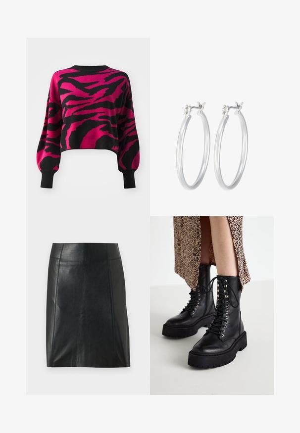 Afkortet sweater i sort og pink, med et dristigt zigzag-mønster. Fremstillet af strikket materiale med brede ærmer og ribbenede manchetter.; Sort lædernederdel med en tætsiddende pasform. Glat tekstur, sømme der fremhæver formen, og en lige kant. Minimalistisk og strømlinet udseende.; Sorte læder kampstøvler med tykke gummisåler, snørebånd foran og metaløjer. Struktureret læder og kontrasterende platformdesign.; Sølv hoop øreringe med en glat, poleret overflade. Rund form og sikker klik-lukning. Letvægtsdesign, der er velegnet til hverdagsbrug.