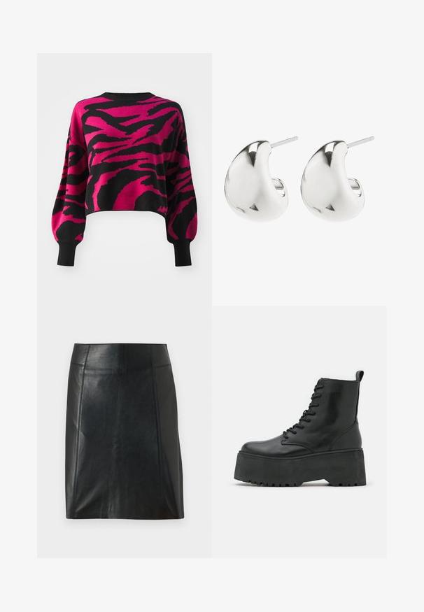 Skrócony sweter w czerni i różu, z wyraźnym wzorem zygzaka. Wykonany z dzianiny, z szerokimi rękawami i ściągaczami na mankietach.; Czarna skórzana spódnica o dopasowanym kroju. Gładka tekstura, szwy podkreślające kształt i prosty dół. Minimalistyczny i elegancki wygląd.; Czarne botki do kostki z grubą platformą, wykonane z gładkiej skóry, z sznurowanym zapięciem i pętelką z tyłu.; Srebrne kolczyki w kształcie studów o gładkim, zaokrąglonym wzorze. Posiadają wypolerowane wykończenie oraz zapięcie w formie sztyftu, zapewniające bezpieczeństwo noszenia.
